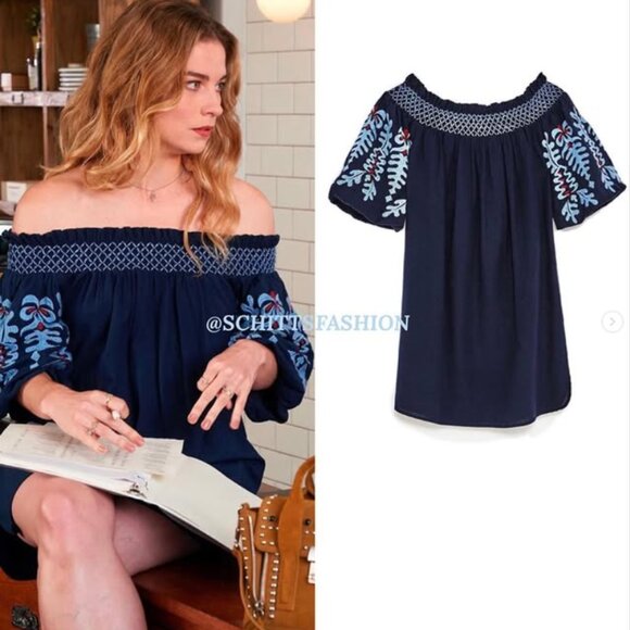ASO Alexis Rose Schitts Creek - Navy Blue Embroidered Zara Basic Dress - Picture 1 of 6